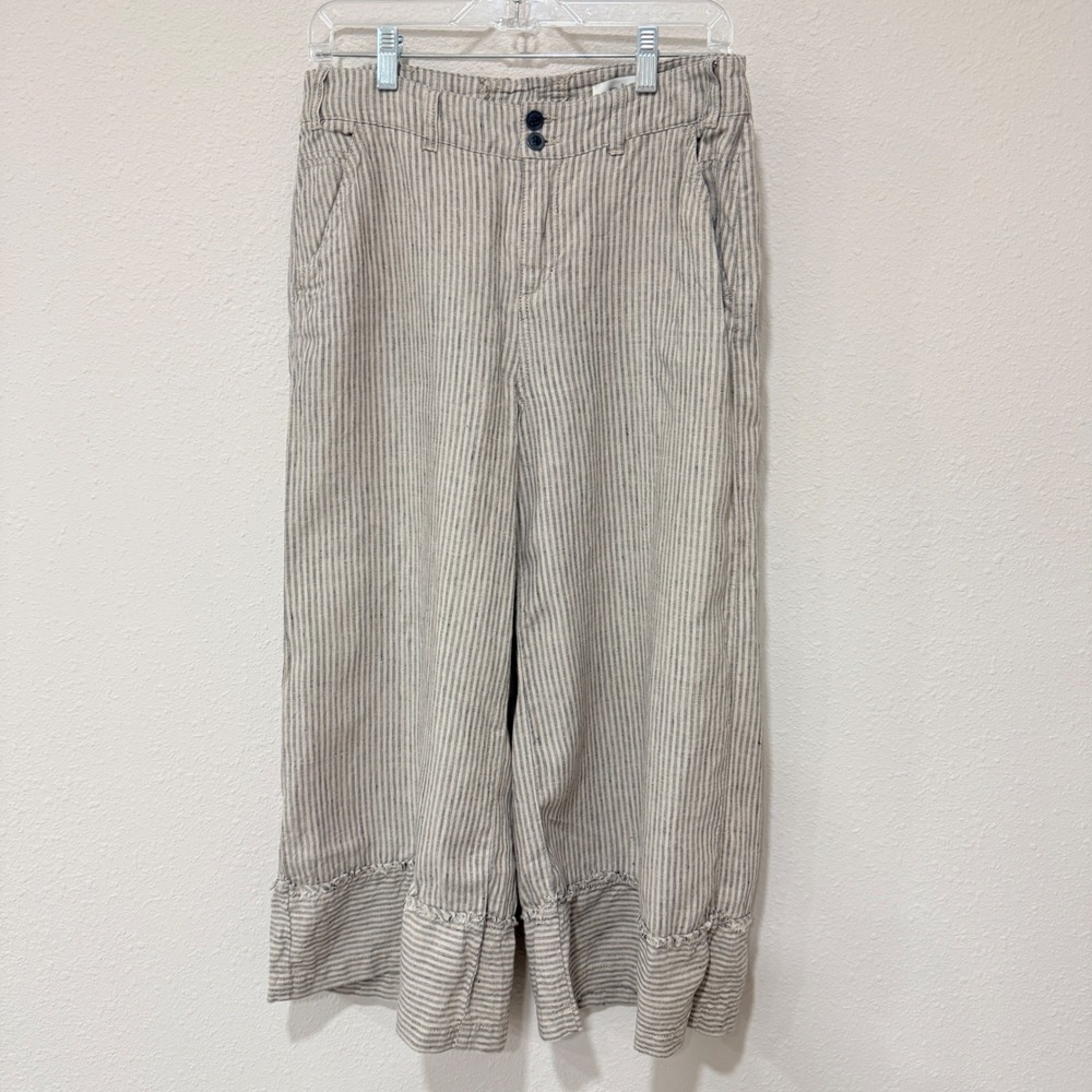 Sundance Wide Leg Linen Pants 8 Beige Blue Striped Coastal Boho Lagenlook